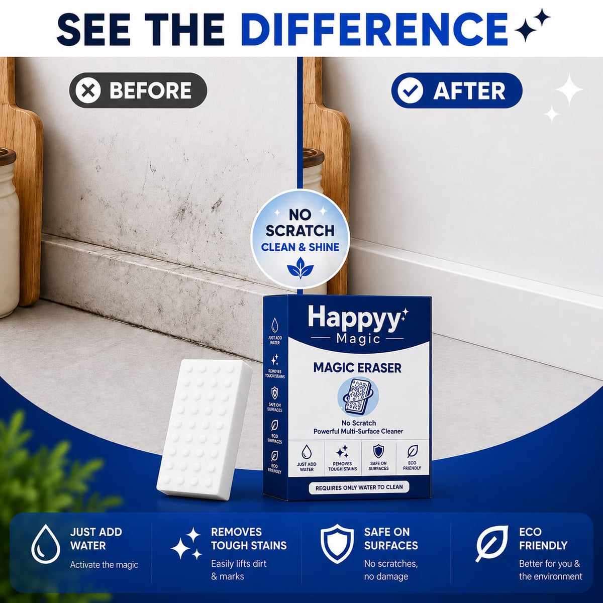 Happyy Magic Eraser (Pack of 2) - Powerful Multi-Surface Cleaning