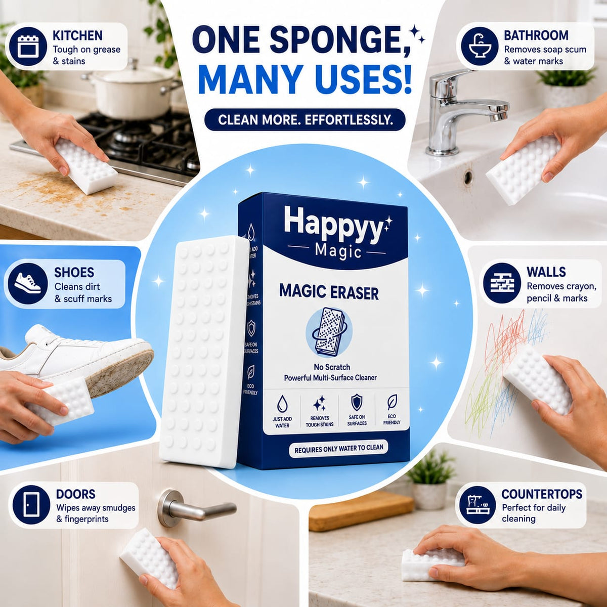 Happyy Magic Eraser (Pack of 2) - Powerful Multi-Surface Cleaning