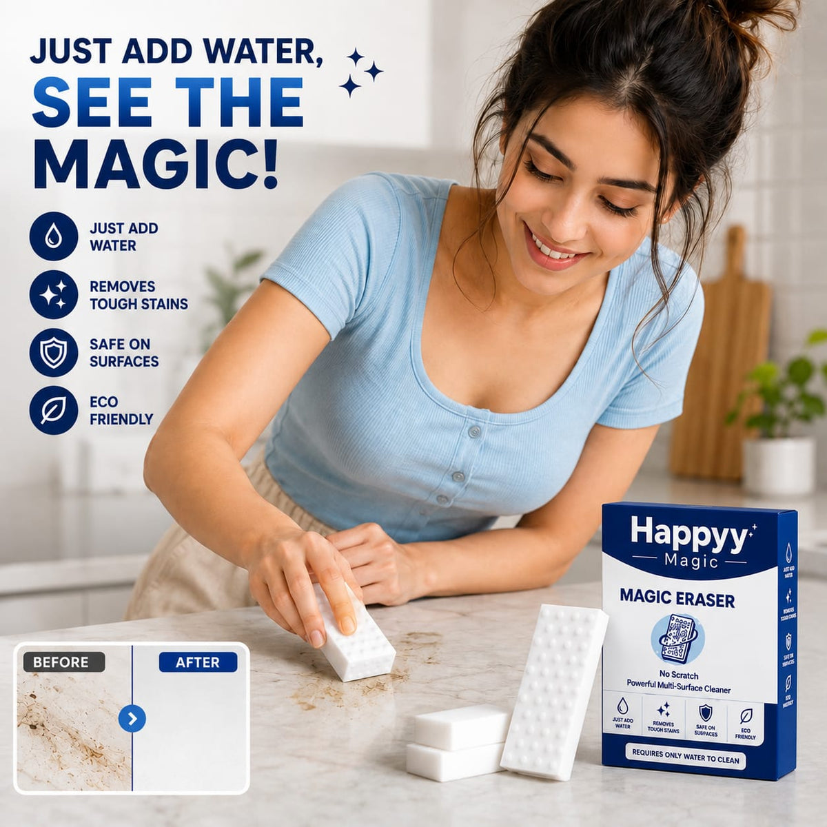 Happyy Magic Eraser (Pack of 2) - Powerful Multi-Surface Cleaning